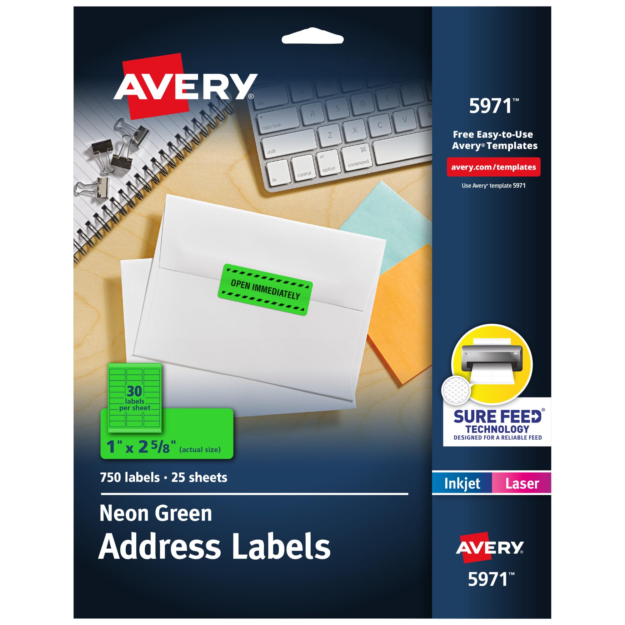 Avery Printable Address Labels with Sure Feed, 1" x 2-5/8", Neon Green, Laser & Inkjet Compatible, 750 Blank Labels per Pack, Great for Branding, Mailing, Organizing, and More (5-Pack of 5971)