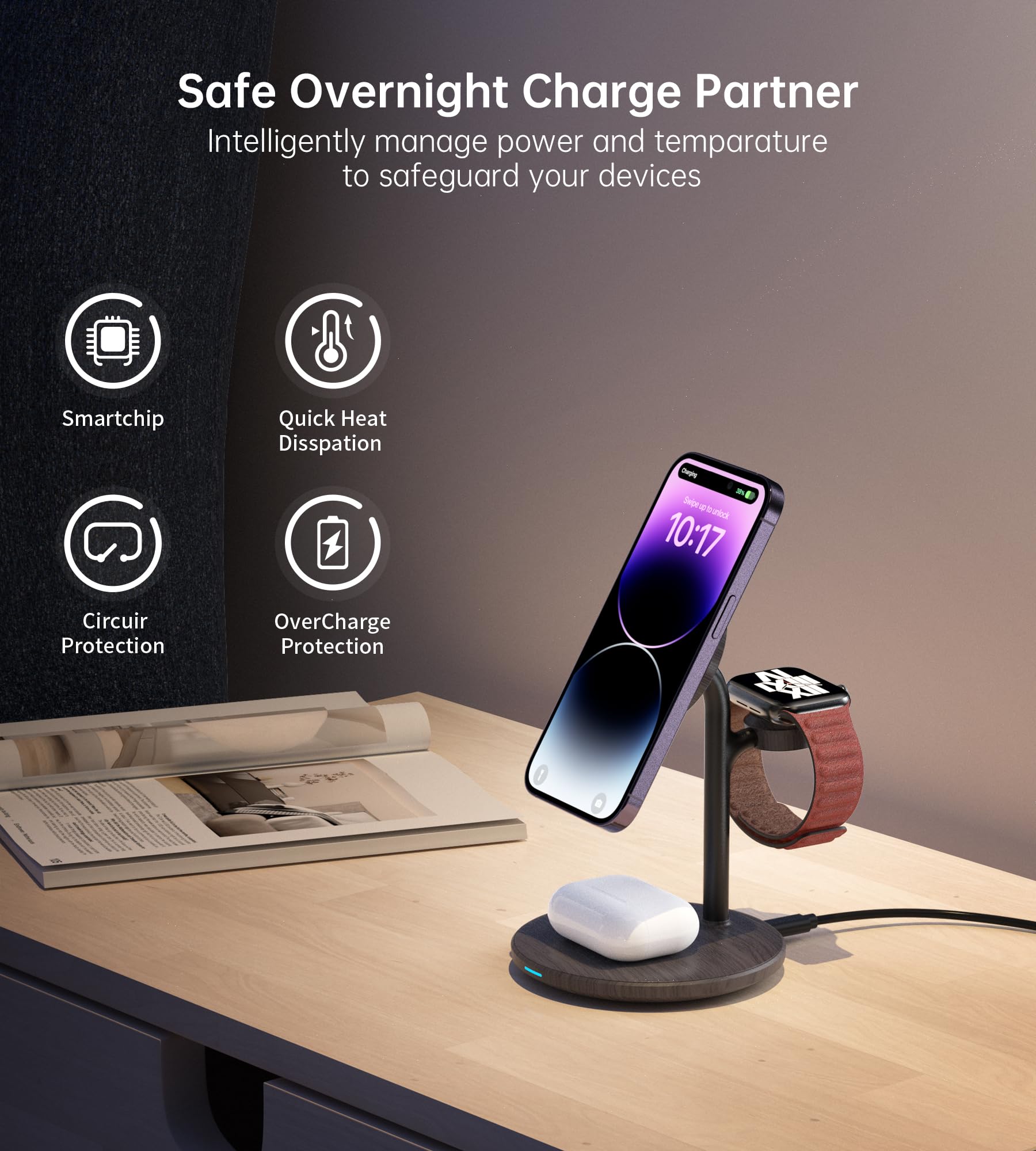 XooFly 3 in 1 Wireless Charging Station for Apple Devices, Fast Wireless Mag-Safe Charger Stand with 20W Adapter for iPhone 17/16 15 14 13 12 Pro Max/Pro/Plus/Air/Mini, iWatch, AirPods (Black)