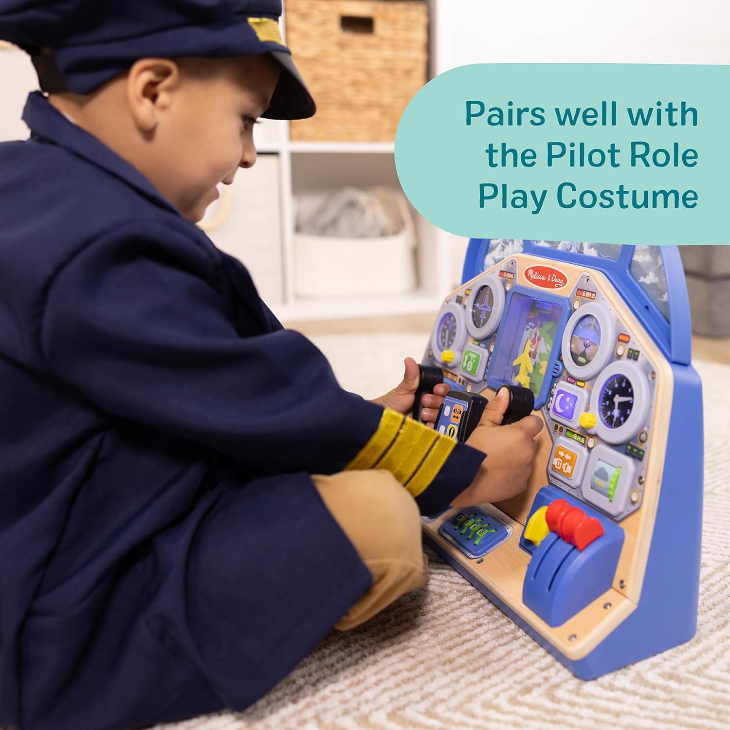 Melissa & Doug Jet Pilot Interactive Dashboard Wooden Toy for Boys and Girls Ages 3+ Cockpit Steering Wheel Pretend to Fly Experience, Fidget Buttons - FSC Certified