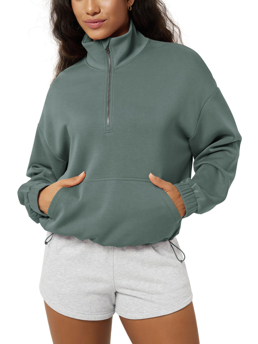 ODODOS Women's Modal Soft Cinchable Sweatshirts Half Zipper Funnel Neck Oversize Pullover with Pockets