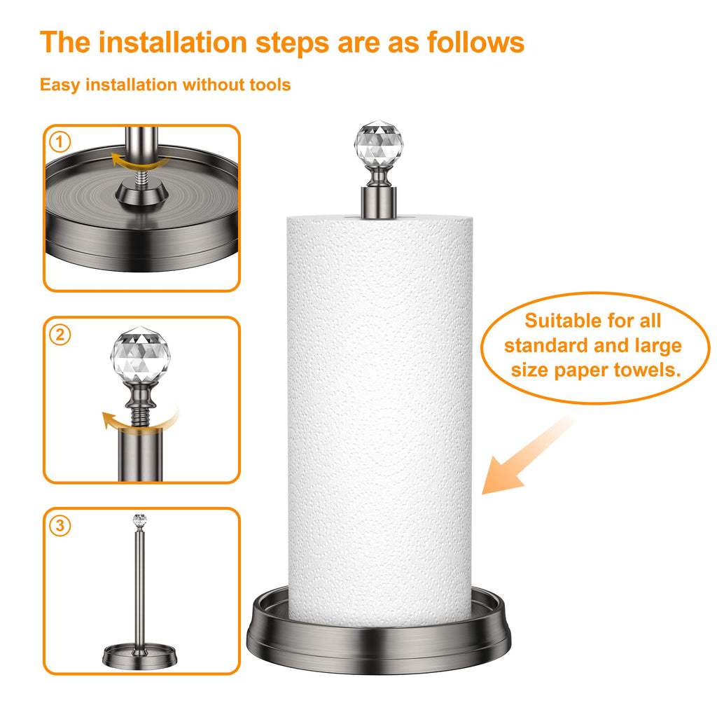KASUNTO Paper Towel Holder with Crystal Ball - Steel Countertop Stand, Fits Standard & Jumbo Rolls, Brushed Nickel