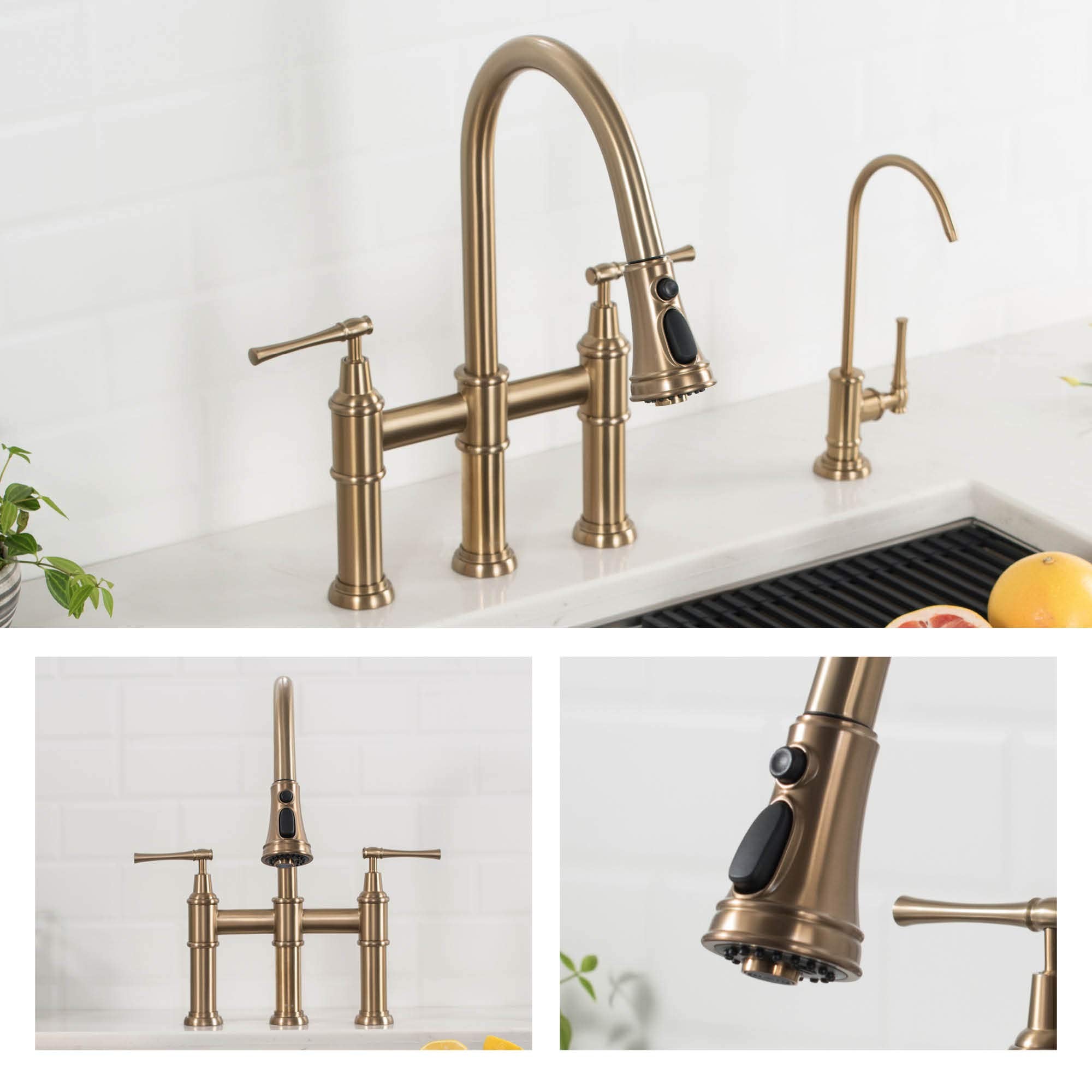 KRAUS Allyn Transitional Bridge Kitchen Faucet with Pull-Down Sprayhead in Brushed Gold, KPF-3121BG