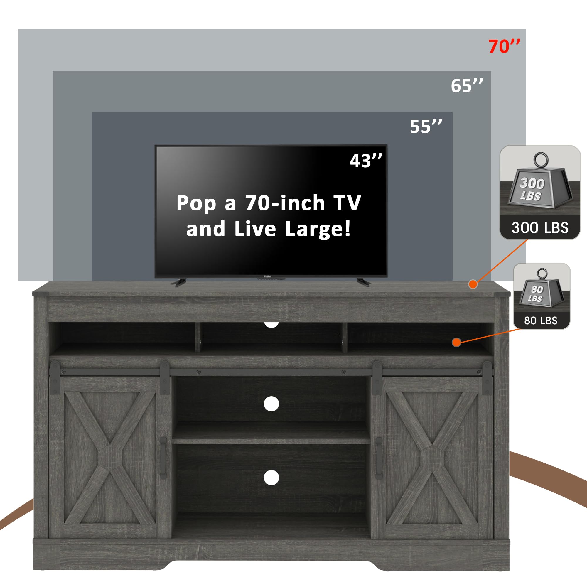 FansaFurn Farmhouse TV Stand for 65+ Inch TV, 34'' Tall Entertainment Center with Sliding Barn Doors, Rustic Wood Media Console Storage Cabinet Television Stand for Living Room, Bedroom (Black)