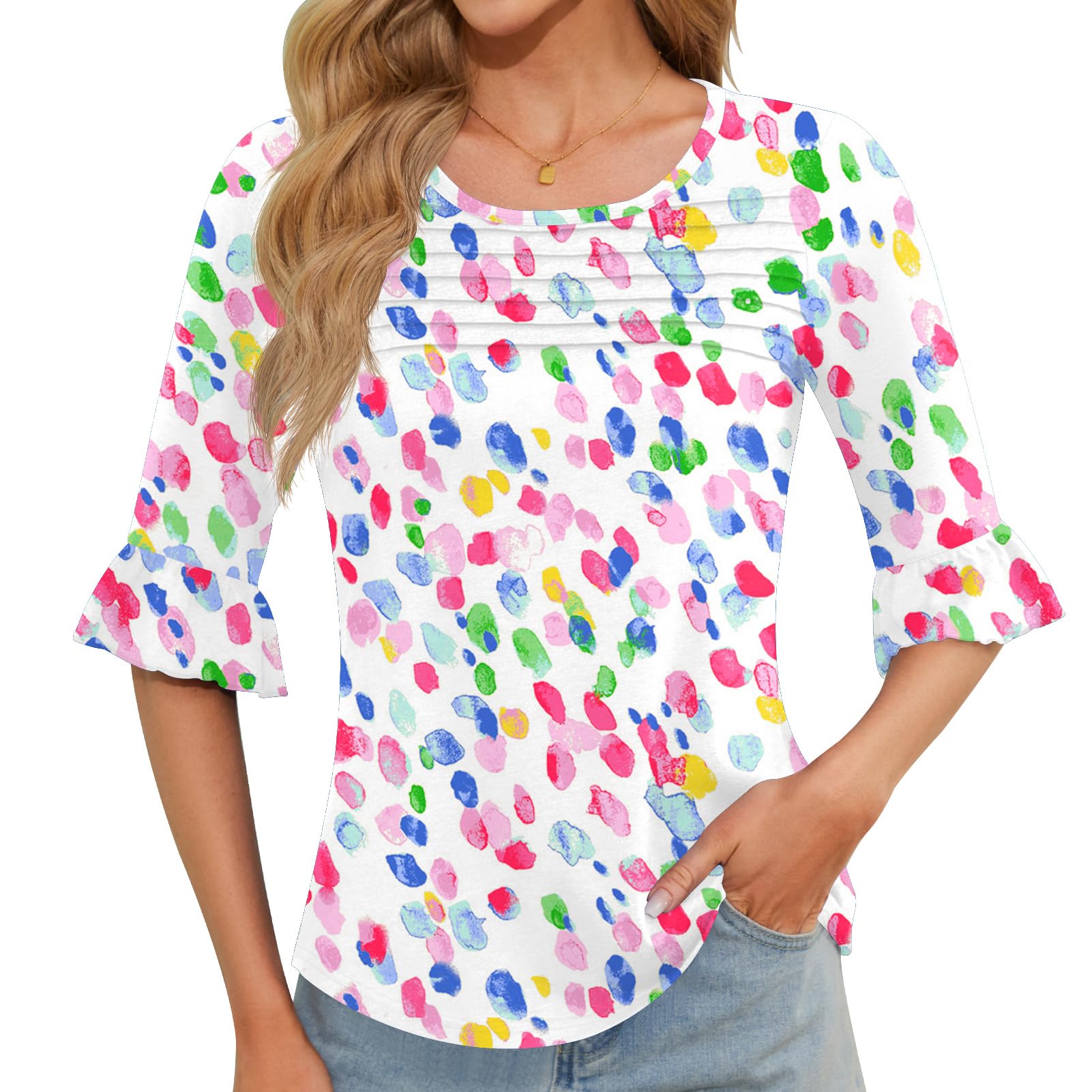 Blingfit Womens Tops 3/4 Length Sleeve Dressy Casual Shirts Bell Sleeve Front Pleated Fasion Trendy Summer Blouses 2026