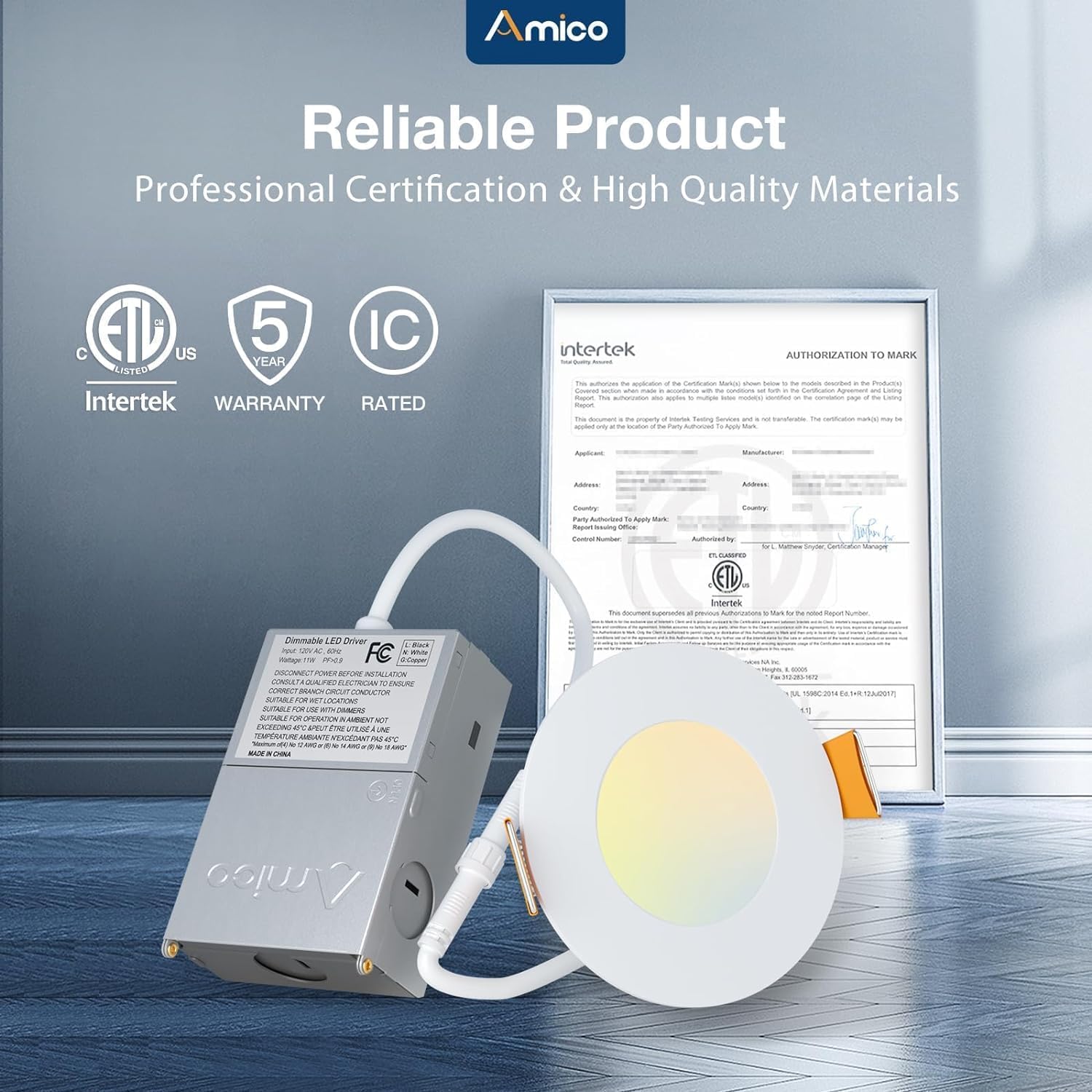 Amico 6 Pack 3 Inch 5CCT Ultra-Thin LED Recessed Ceiling Light with Junction Box, 2700K/3000K/3500K/4000K/5000K Selectable, 7W Eqv 60W 500LM Brightness Dimmable Canless Wafer Downlight, ETL