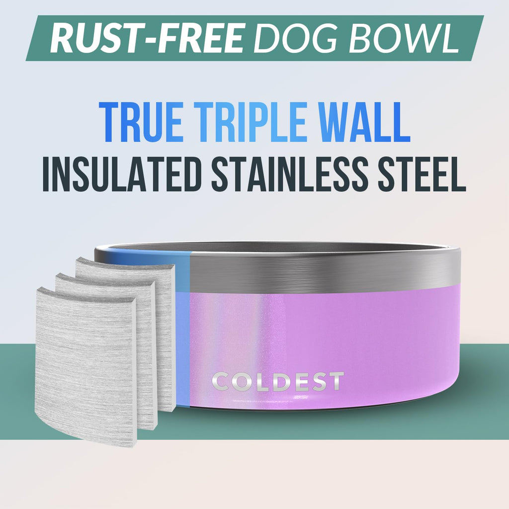 Coldest Dog Bowl - Anti Rust Metal, Non Slip, 3 Layers Insulated Stainless Steel Dog Bowls - Spill Proof & Heavy Duty - Water Bowl for Dogs, Cats & Pets, Dish Washer Safe (21 oz, Mars Red Glitter)