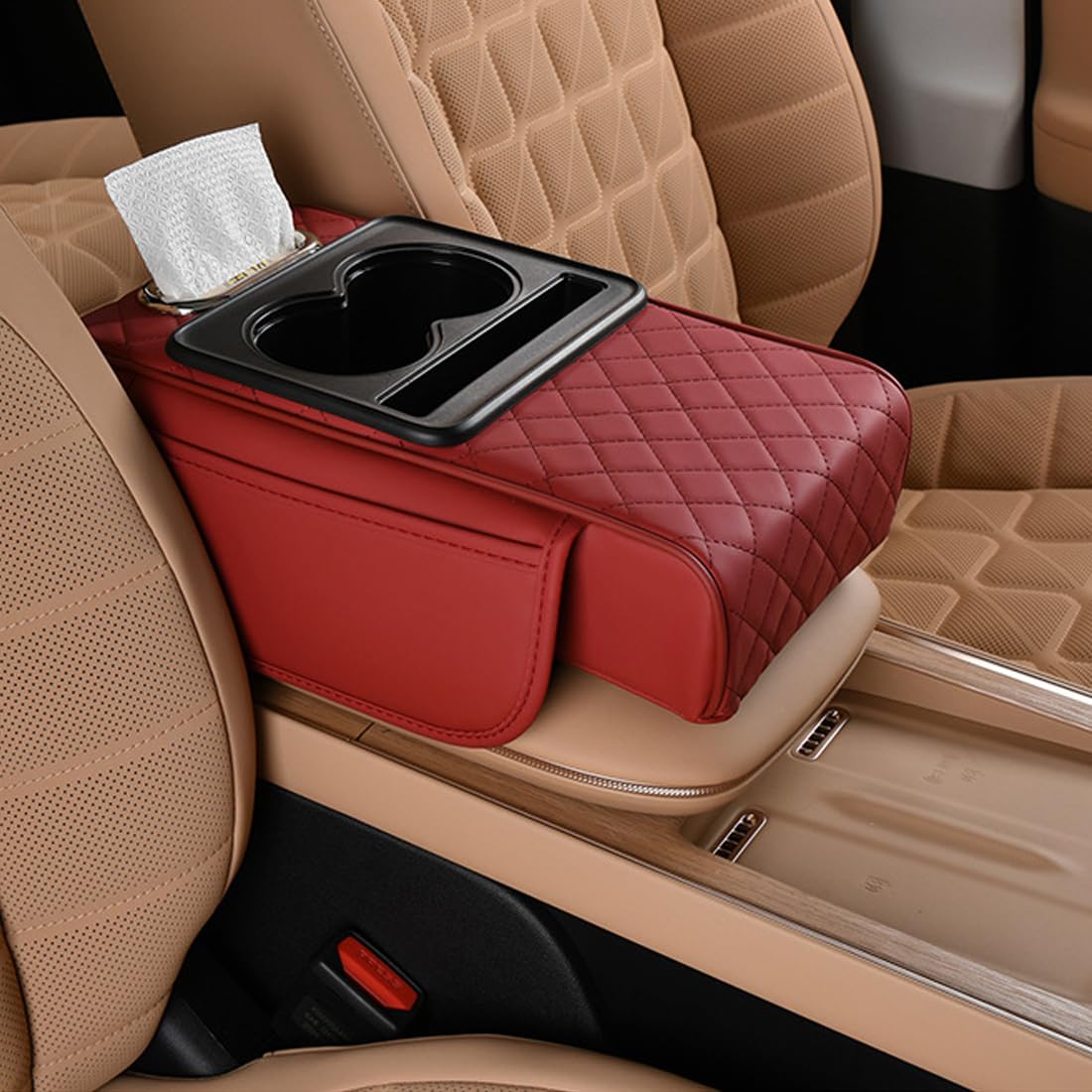 Car Armrest Cushion,5-in-1 Center Console Cover with 2 Storage Bags Cup Holder, Tissue Box Slot, Phone Slot for Sedans, Car Accessories Interior Organizers (Beige)