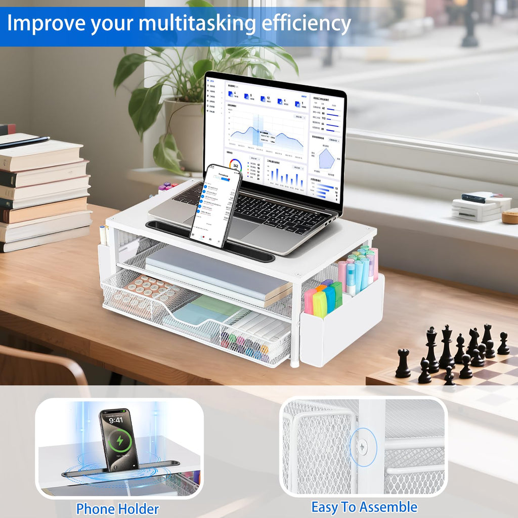 AUPSEN 2 Tier Computer Monitor Stands with Drawer and 2 Pencil Holder, Metal Monitor Stand Monitor riser, Computer Desk Organizer and Accessories for Laptop, Computer, Printer, Office Supplies(Black)