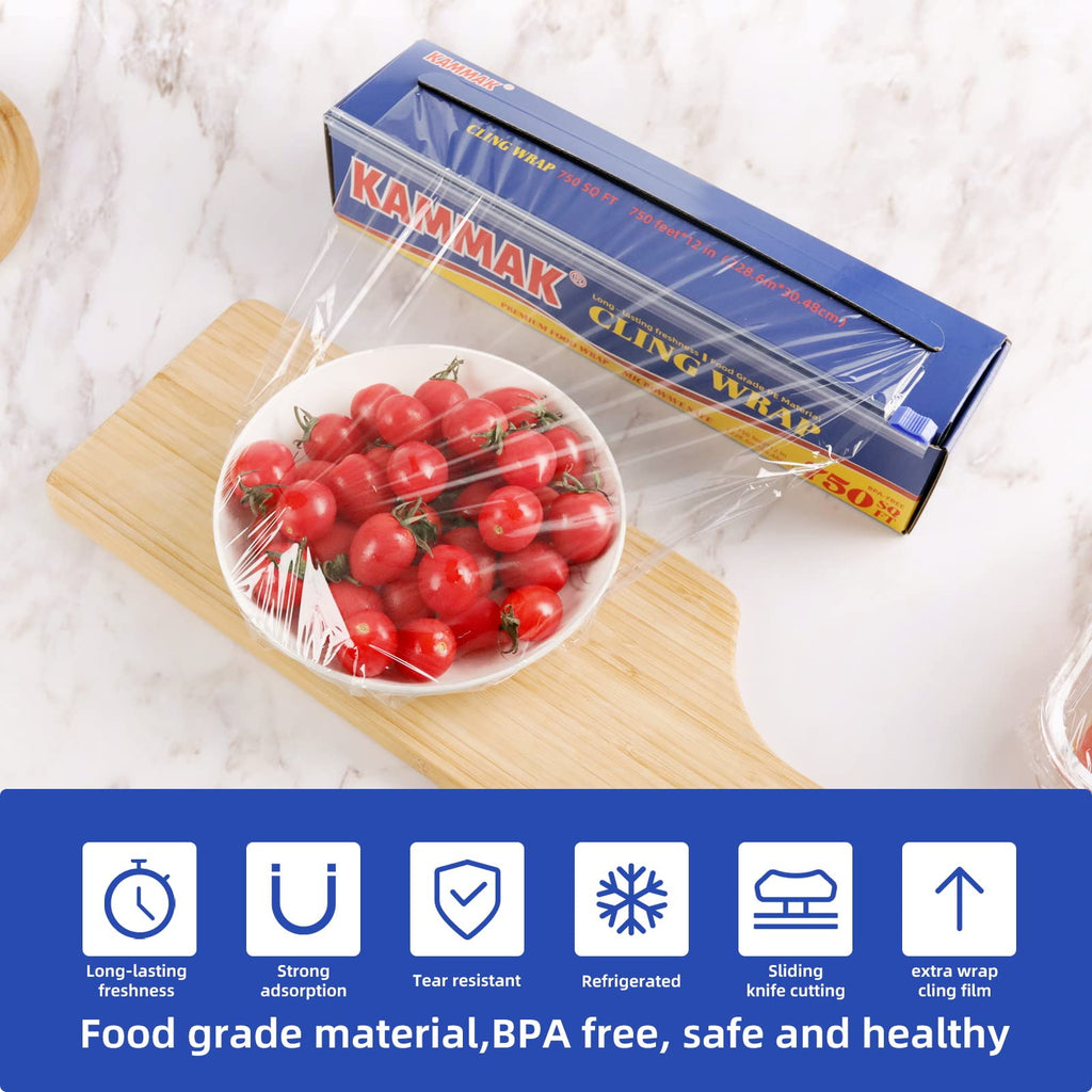 KAMMAK Plastic Wrap with Slide Cutter Food Cling Wrap 12 Inch Kitchen Cling Film BPA-Free Microwave-Safe 300 Ft Roll Food Service Film Quick Cut for Restaurant (2 Pack)