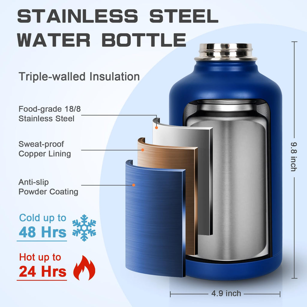 GAZLEMHO 40 oz Insulated Water Bottle with Straw& Spout 2-in-1 Lid, Triple Wall Vacuum Stainless Steel Cold 48H, Leak Proof Sports Metal Flask Jug with Paracord Handle, Black