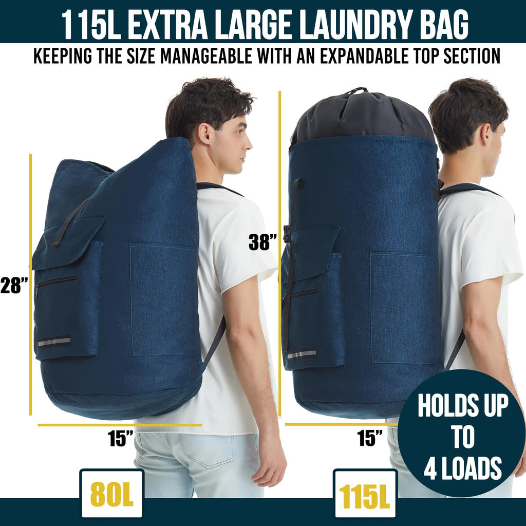 Laundry Bag Extra Large 115L, Laundry Backpack Bag, Laundry Bags Extra Large Heavy Duty, Laundry Bag with Straps, Clothes Hamper Bags with 4 Pockets, College Laundromat Backpack for Dorm Room