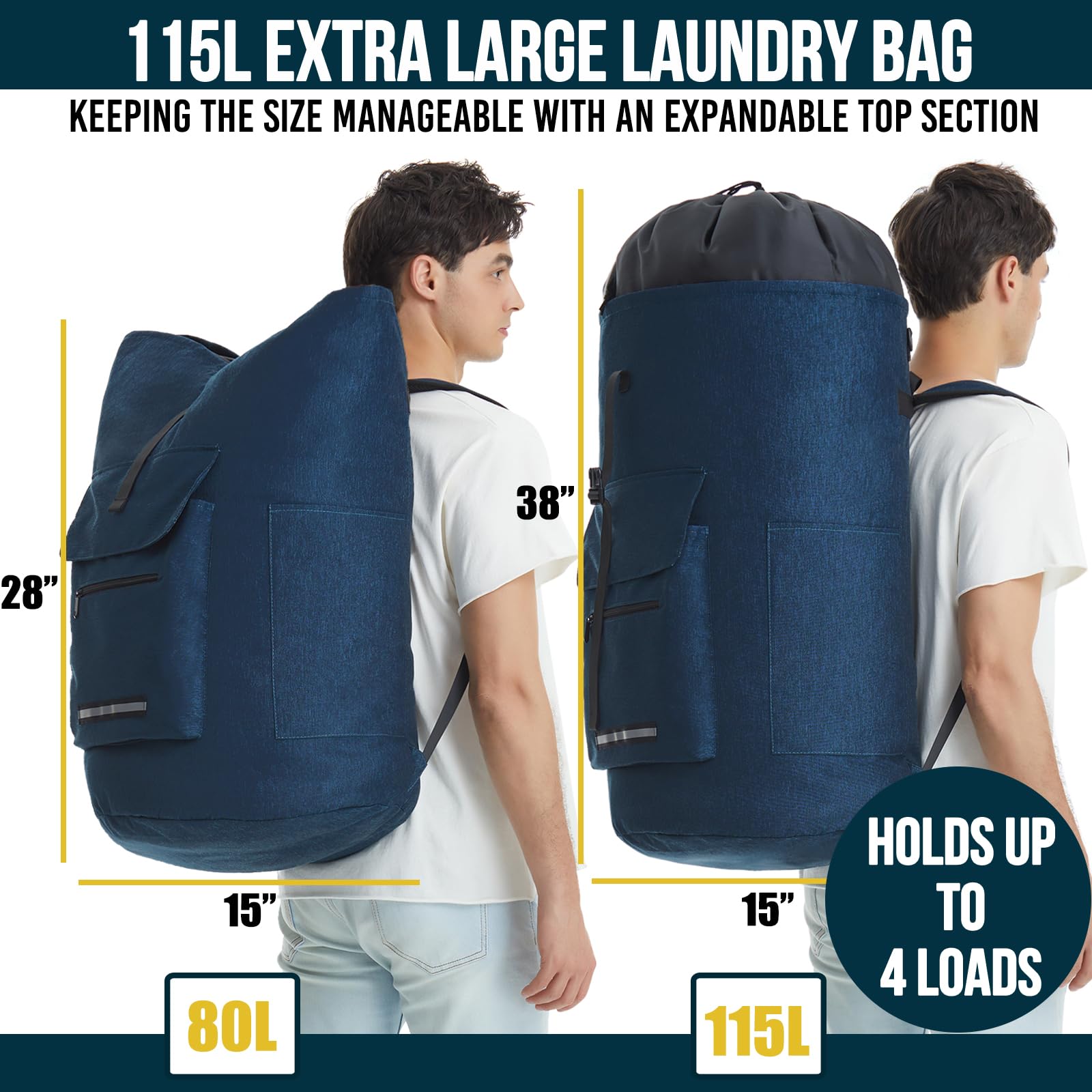 Laundry Bag Extra Large 115L, Laundry Backpack Bag, Laundry Bags Extra Large Heavy Duty, Laundry Bag with Straps, Clothes Hamper Bags with 4 Pockets, College Laundromat Backpack for Dorm Room