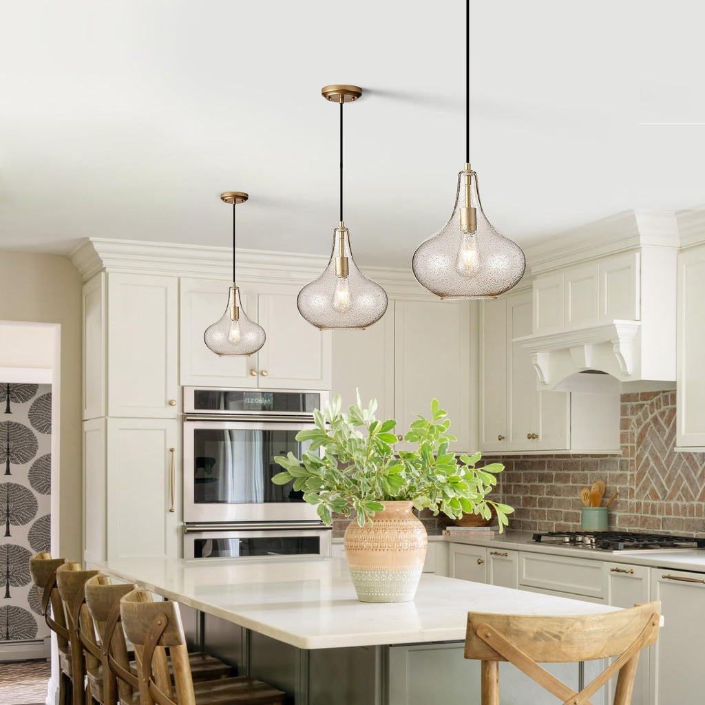 Glass Large Pendant Lights for Kitchen Island Blown Glass Pendant Light Clear Hammered Shade Hanging Ceiling Lights with Black Finish for for Kitchen Island, Sink, Hallway, Living Room 11 inch