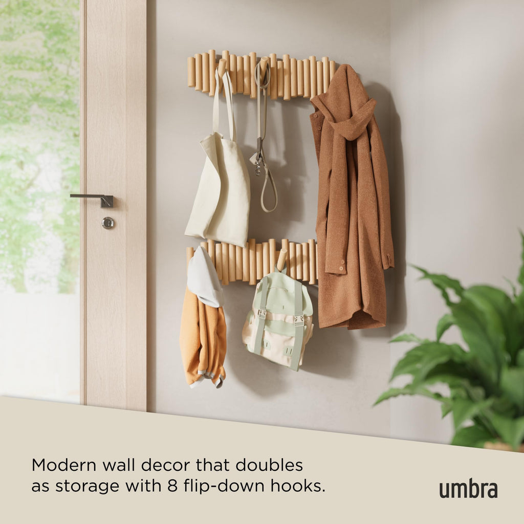 Umbra Picket Wall-Mounted Coat Rack Rail Hook with 5 Retractable Wood Pegs – Modern, Space-Saving Storage Organizer, Black