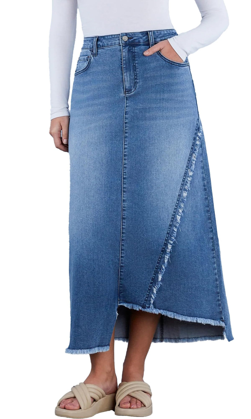 Jean Skirt for Women Denim Skirt High Waist Stretch Midi Denim Skirts with Pockets