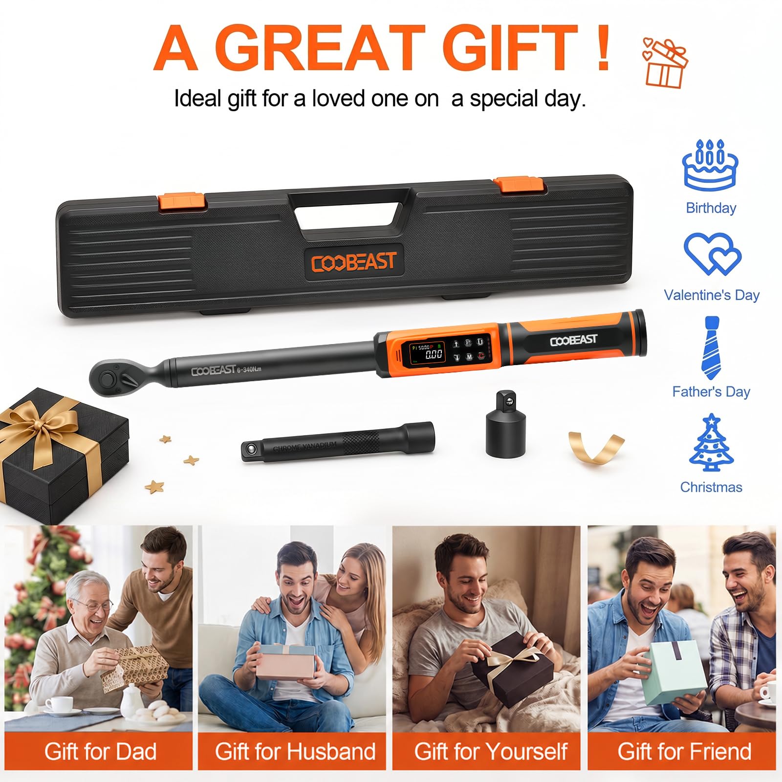 Digital Torque Wrench, 1/2 Drive Electronic Torque Screwdriver with Preset Value(3.76-250.8 Ft.lbs./5.1-340Nm), Buzzer and LED Flash Five Units of Measure Torque Wrench for Motorcycle, Auto Repair