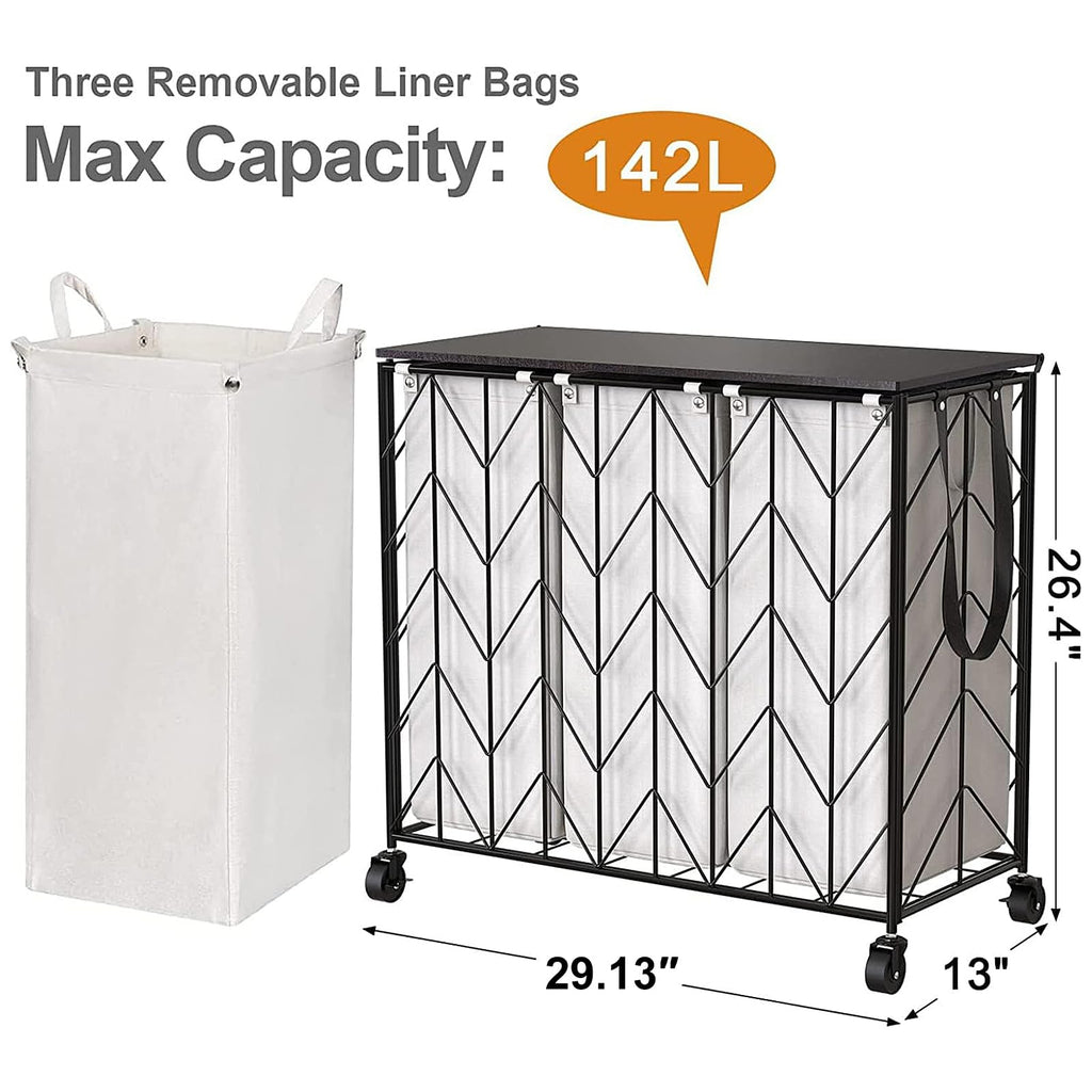 WOWLIVE Laundry Basket with Wheels, Heavy Duty Laundry Hamper with Wood Lid, Clothes Hamper with Divided Removable Liner Bag, Large Capacity Iron-Made Laundry Sorter Laundry Room Organization (Beige)