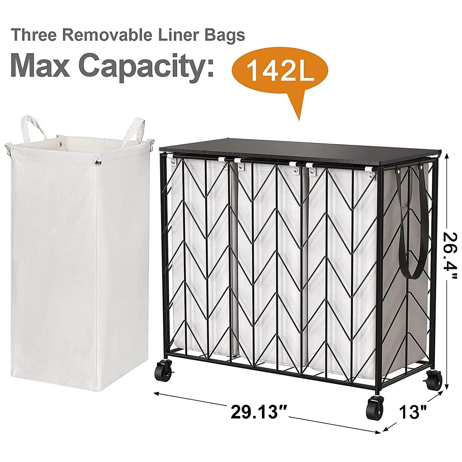 WOWLIVE Laundry Basket with Wheels, Heavy Duty Laundry Hamper with Wood Lid, Clothes Hamper with Divided Removable Liner Bag, Large Capacity Iron-Made Laundry Sorter Laundry Room Organization (Beige)