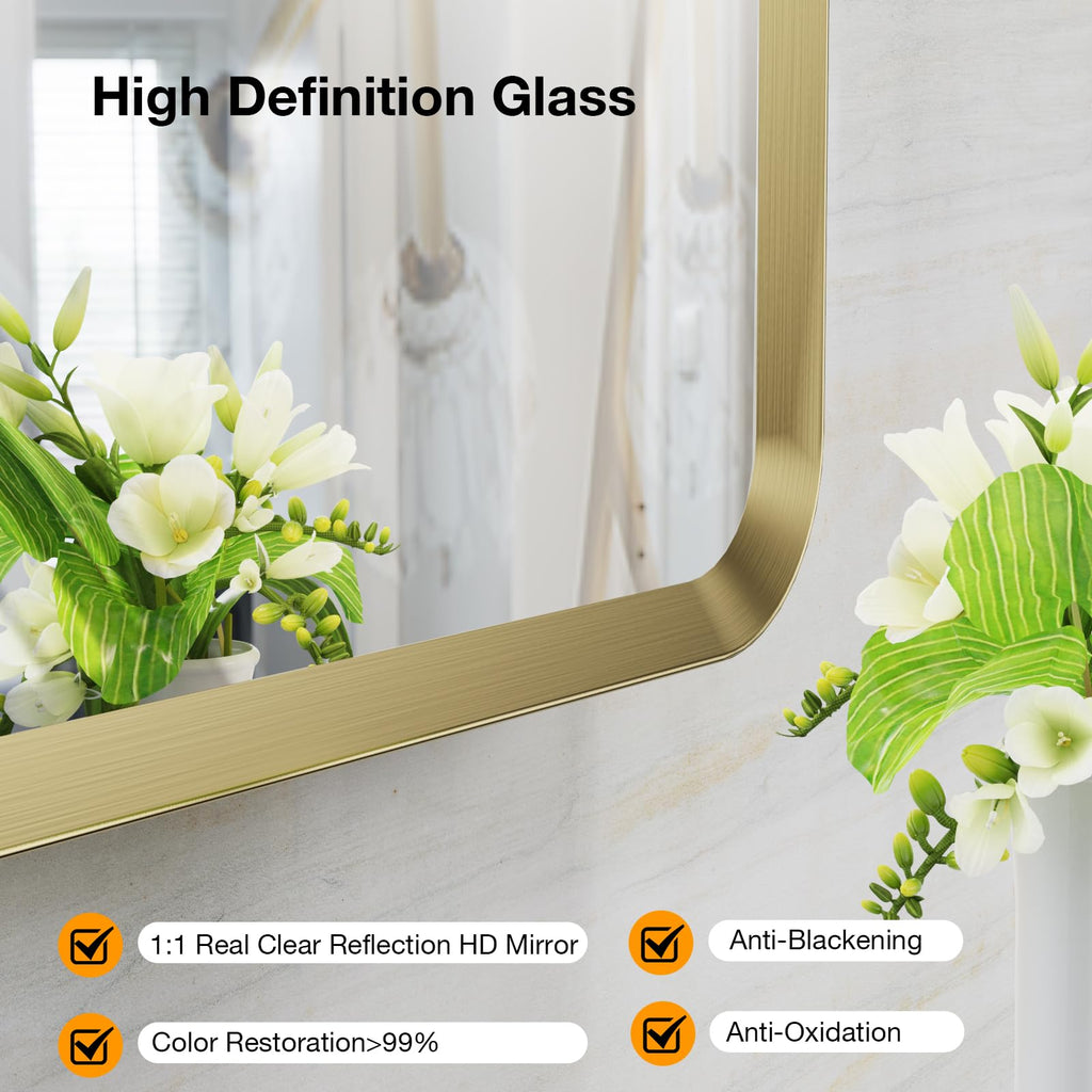 22x30 inch Gold Bathroom Mirror,Rounded Rectangle Gold Metal Framed, HD Tempered Glass, Horizontal or Vertical Hanging, Modern Bathroom Decor