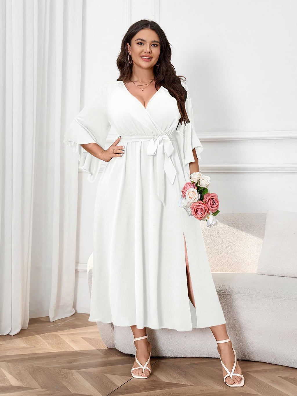 Womens Plus Size Dress Wedding Guest Cocktail Ruffle Half Sleeve Wrap V Neck Slit A Line Maxi Dresses with Belt