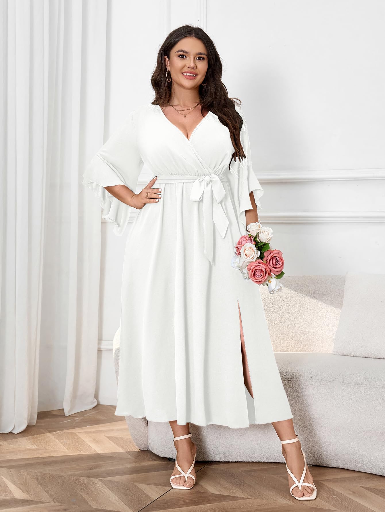 Womens Plus Size Dress Wedding Guest Cocktail Ruffle Half Sleeve Wrap V Neck Slit A Line Maxi Dresses with Belt