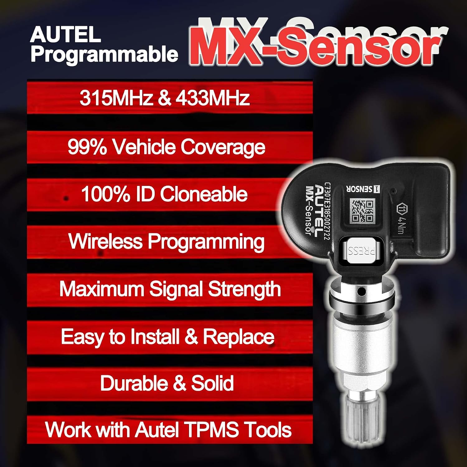 Autel TPMS Sensors Set of 4, Programmable Mx Sensor for Tire Pressure,315MHz + 433MHz Press-in OE-Level(Metal valves) Programmed by TS408S TS508WF TS601 TS900 MS906TS ITS600