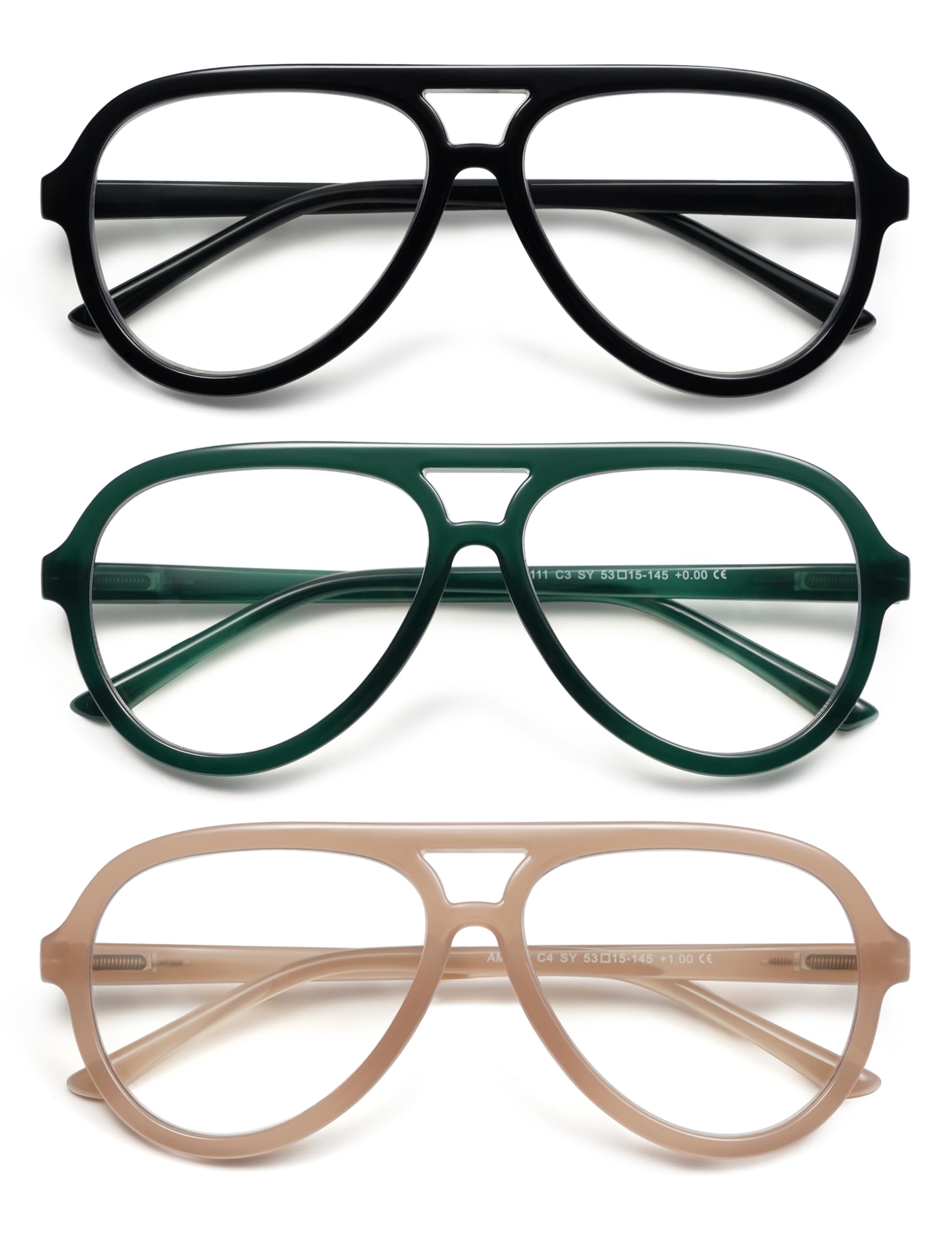 AMOMOMA 3 Pack Retro Oversized Aviator Reading Glasses for Women Men,Classic Large Reader Blue Light Computer Frame AM6111