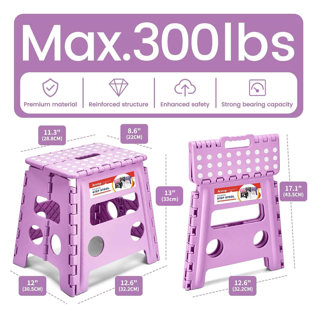 ACSTEP 9 Inch Folding Step Stool 300 LB Capacity Plastic Foldable Step Stools for Kids and Adults, Folding Stool Suitable for Kitchen, Stepping Stool with Handle Bicolor Green Small Step Stool 1PC