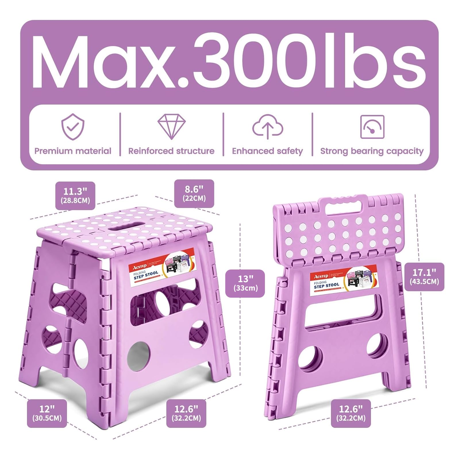 ACSTEP 9 Inch Folding Step Stool 300 LB Capacity Plastic Foldable Step Stools for Kids and Adults, Folding Stool Suitable for Kitchen, Stepping Stool with Handle Bicolor Green Small Step Stool 1PC