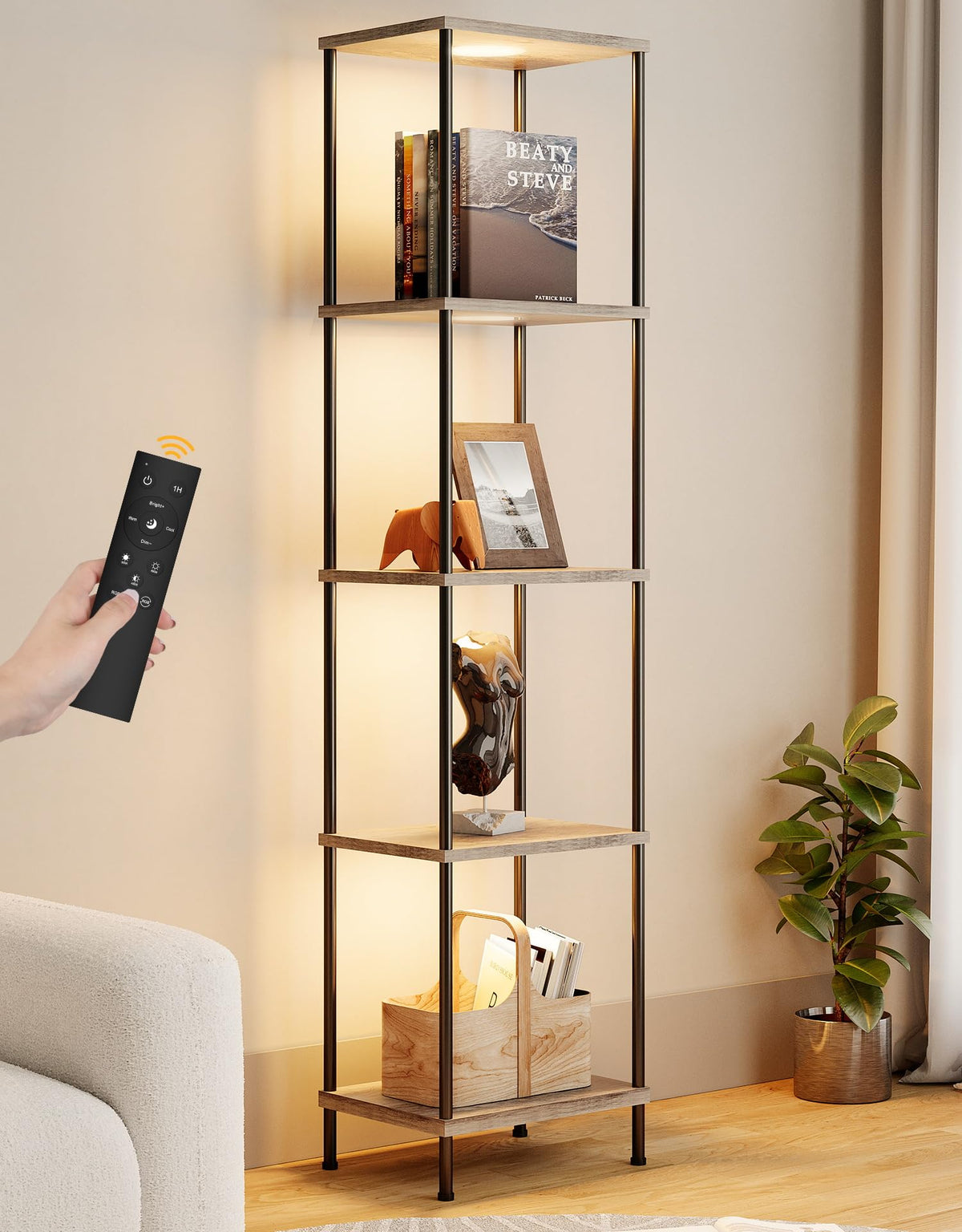 Display Shelf with RGBW Light, Color Changing Curio Cabinet Floor Lamp with Shelves Corner Standing Column Lamp Etagere Organizer Tower Nightstand Bookcase for Living Room Bedroom Office Décor Black
