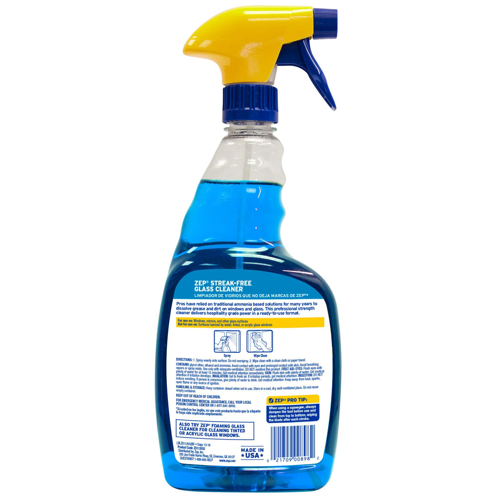 Zep Streak-Free Glass Cleaner - 32 Oz (Case of 4) ZU112032- Professional Grade Formula that Cleans Dirt, Fingerprints, Grime, Smoke Haze, and Toothpaste on Windows, Mirrors, and Other Glass Surfaces