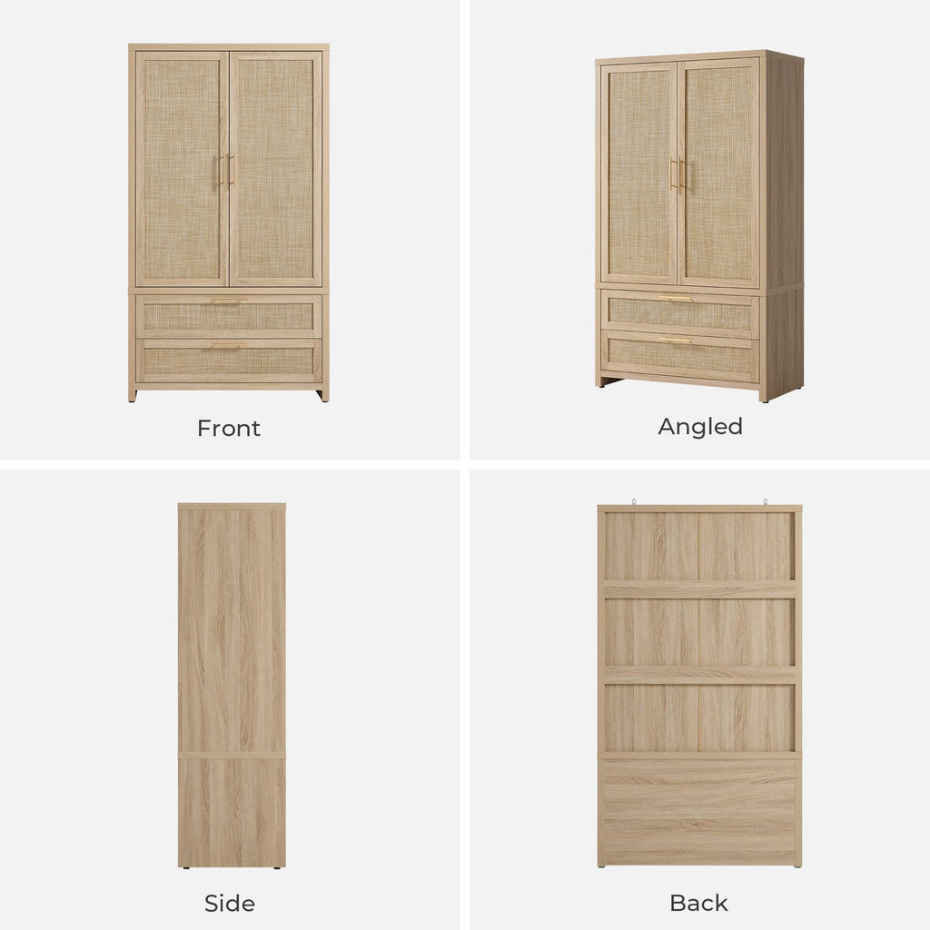 SICOTAS Rattan Armoire Wardrobe Closet Cabinet, 71" Wardrobe Storage Cabinet with Doors, 2 Drawers and Hanging Rod, Boho Large-Capacity Deep Armoire Clothes Organizer for Bedroom, Black Oak