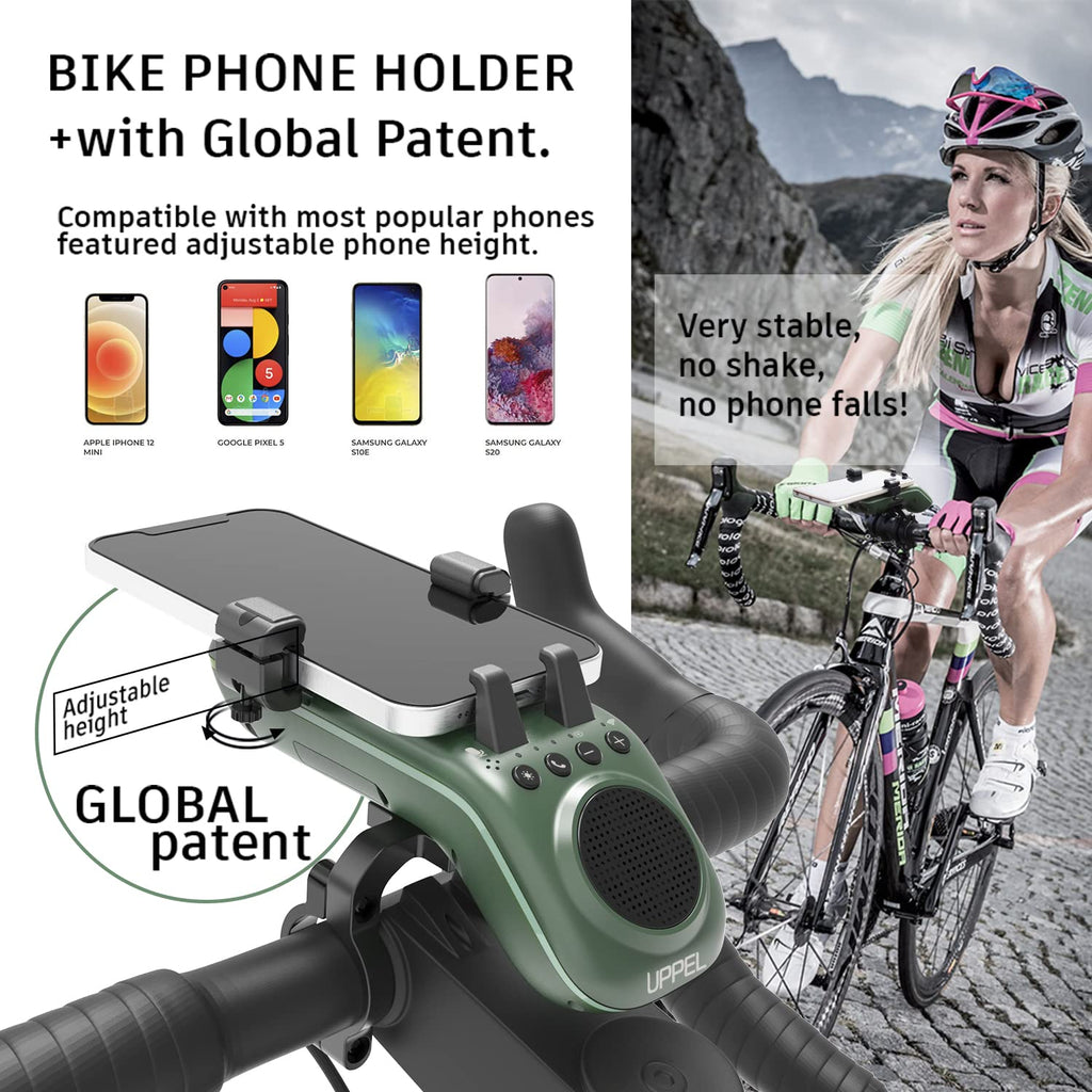UPPEL Bluetooth Speaker Bicycle, Multifunctional Bike Phone Holder 10-in-1- LED Light - Bike Horn - Microphone - Ideal for Road & Mountain Bike (Black)