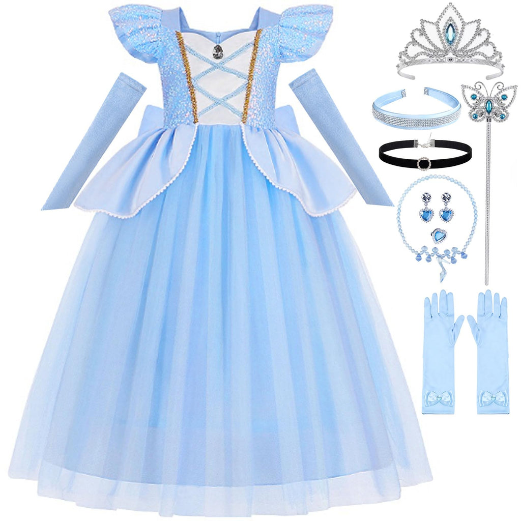 Blue Princess Dress for Little Girls with Accessories Halloween Birthday Party Costume