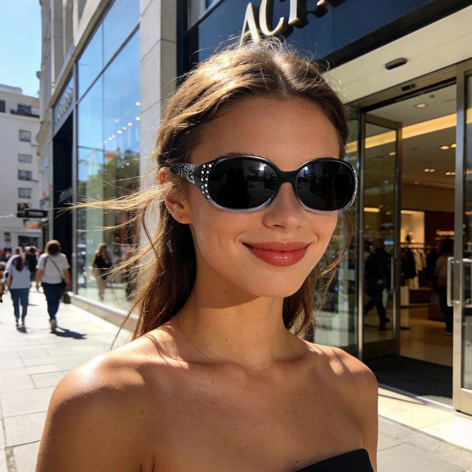 HAOLOTA Polarized Sunglasses for Women, Rhinestone Wrap Around Sunglasses with UV400 Protection