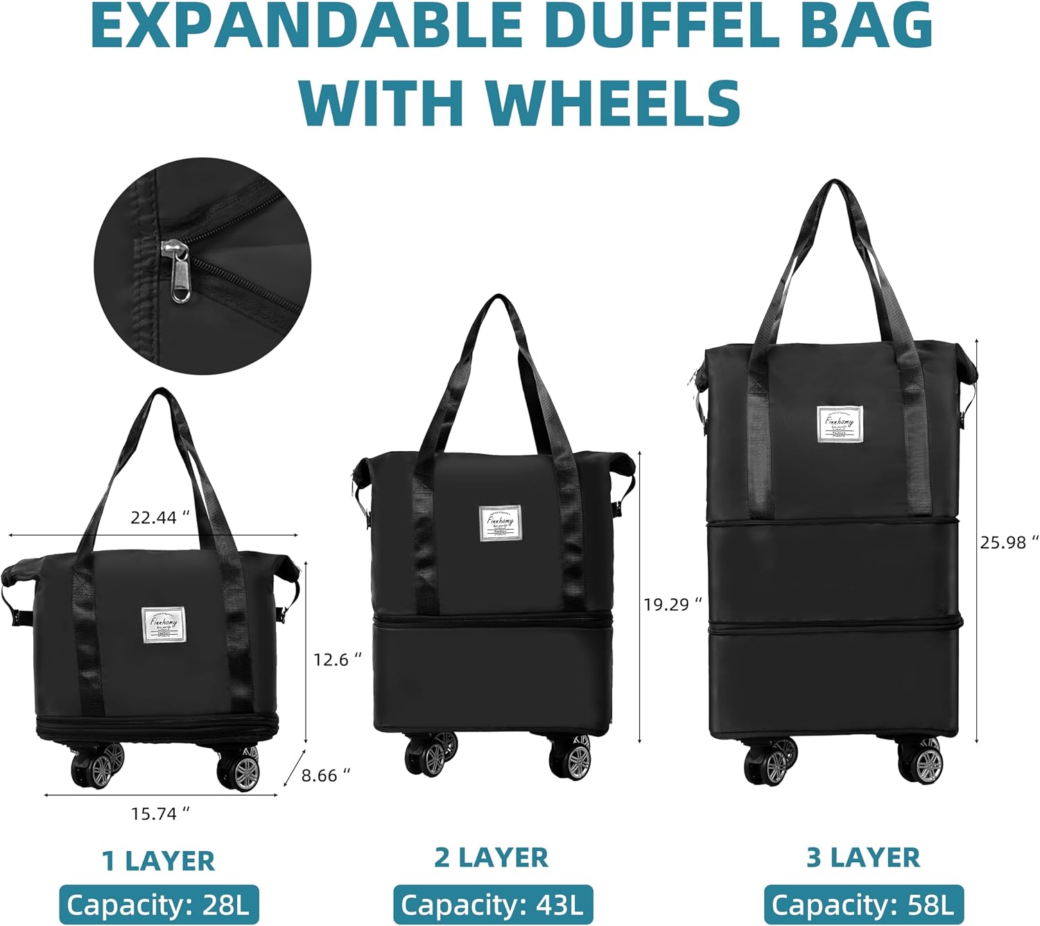 Finnhomy 50L Expandable Rolling Duffel Bag with Wheels Foldable Duffel Bag for Travel Carry on Bag with Wheels Luggage Travel bag Detachable Wheel Duffel Bag for Shopping Travel Outdoor, Black