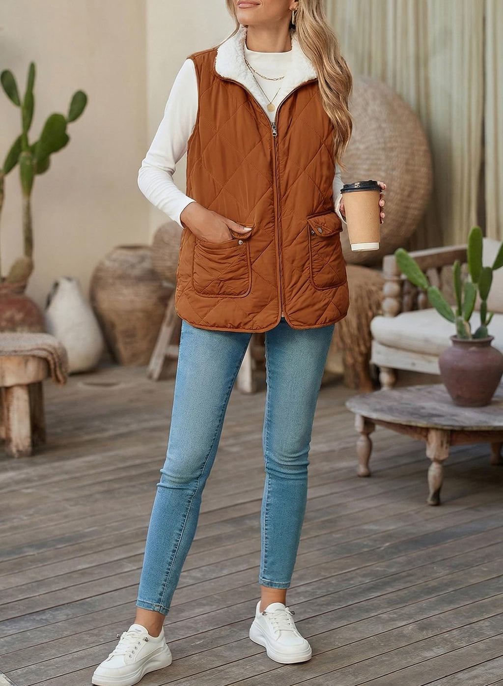 SHEWIN Women Puffer Vest Casual Stand Collar Sleeveless Puffer Jacket Warm Winter Reversible Zip Up Outerwear with Pockets
