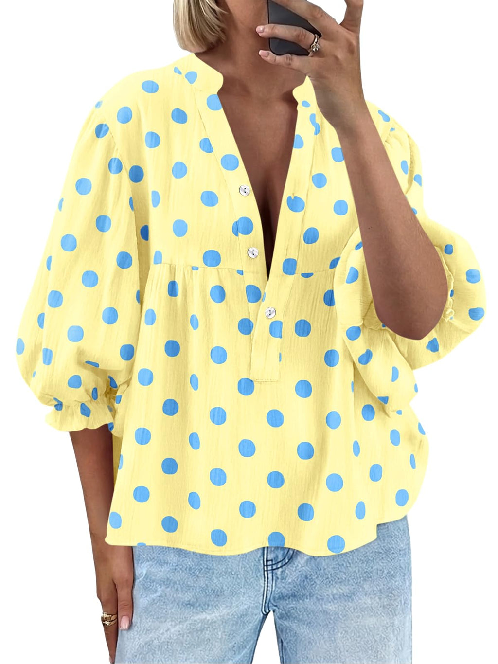 Tankaneo Womens Puff Sleeve Babydoll Tops Summer V Neck Striped Blouse Cute Casual Loose Fit Flowy Shirts