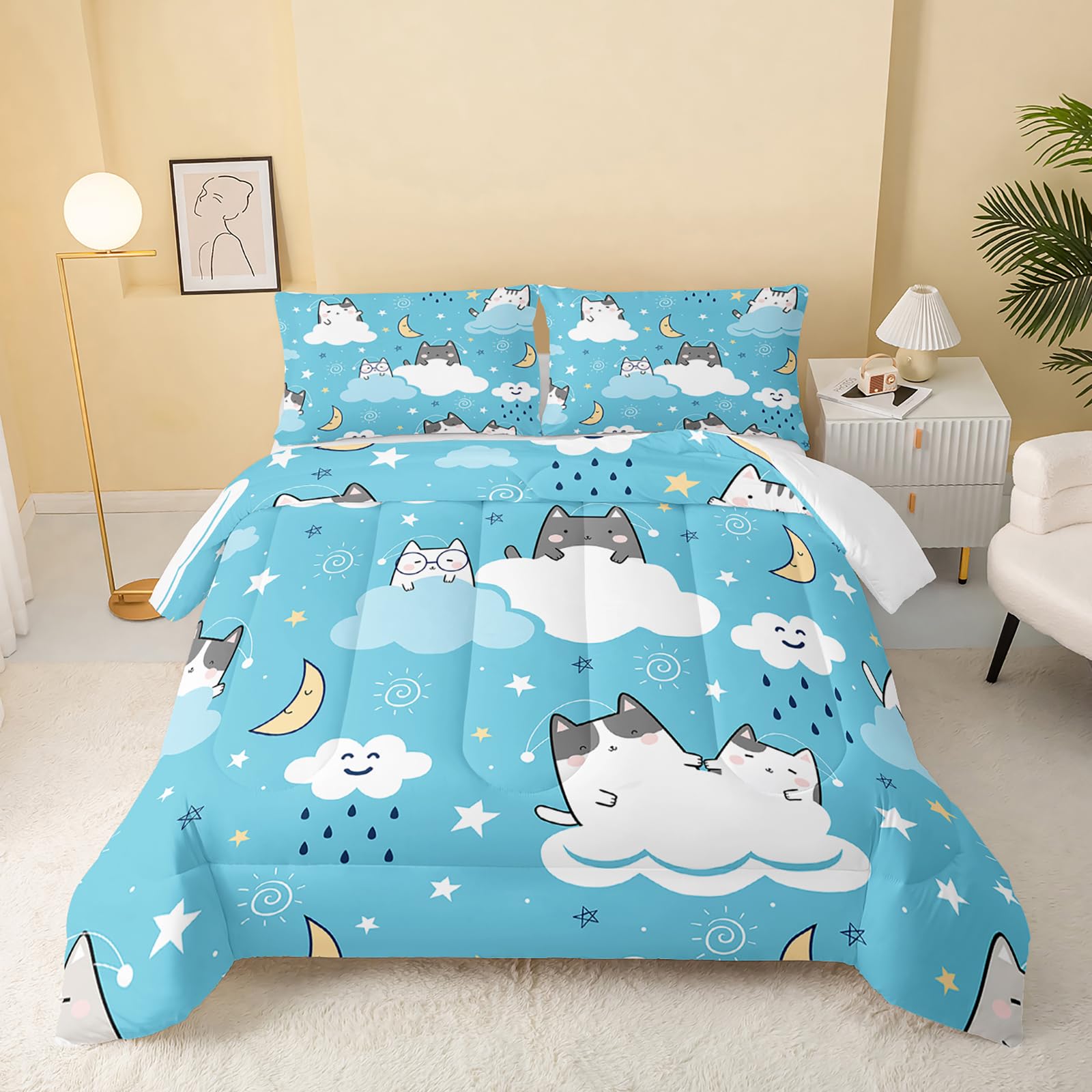 QOOMO Floral Cat Comforter Twin Size,Pink Cat Bedding Set for Kids Teens Girls,3Pcs Bedding Set Printed Comforter with 2 Pillowcases,Down Alternative,Soft and Lightweight(Pink，Twin Size)