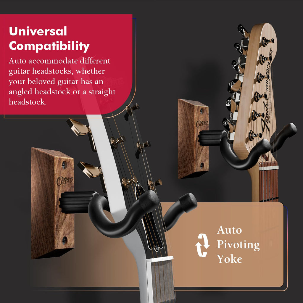 Guitar Wall Mount Beech Wood - 2 Pack U-Shape Guitar Wall Hangers, Guitar Picks, Pick Holder, Guitar Stand Wall, Guitar Hanger, Gifts for Guitarists, with 6 Assorted Guitar Picks
