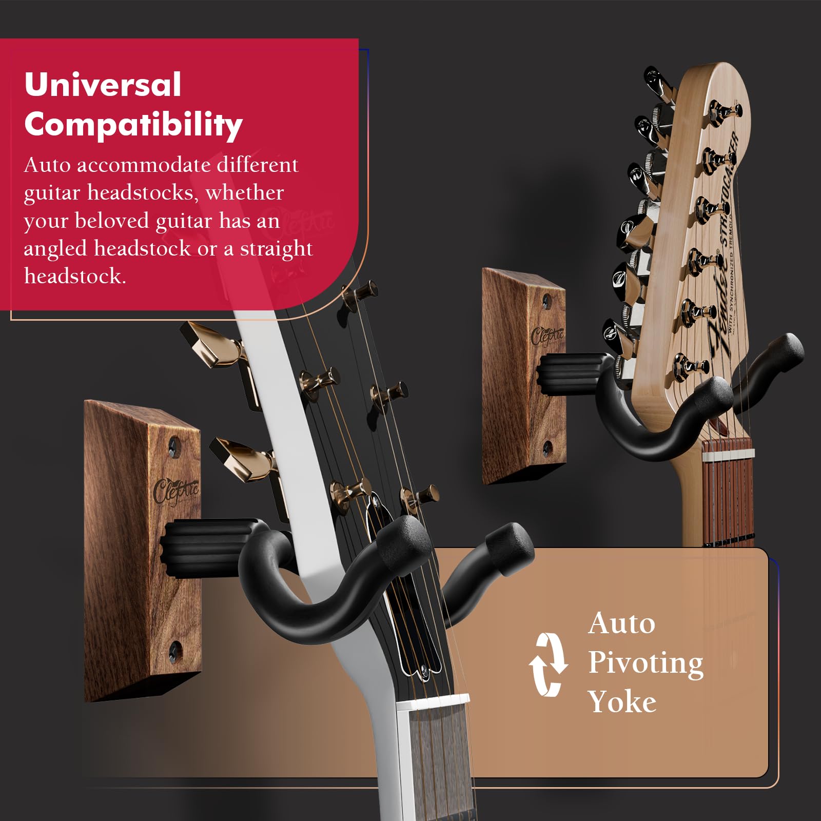 Guitar Wall Mount Beech Wood - 2 Pack U-Shape Guitar Wall Hangers, Guitar Picks, Pick Holder, Guitar Stand Wall, Guitar Hanger, Gifts for Guitarists, with 6 Assorted Guitar Picks