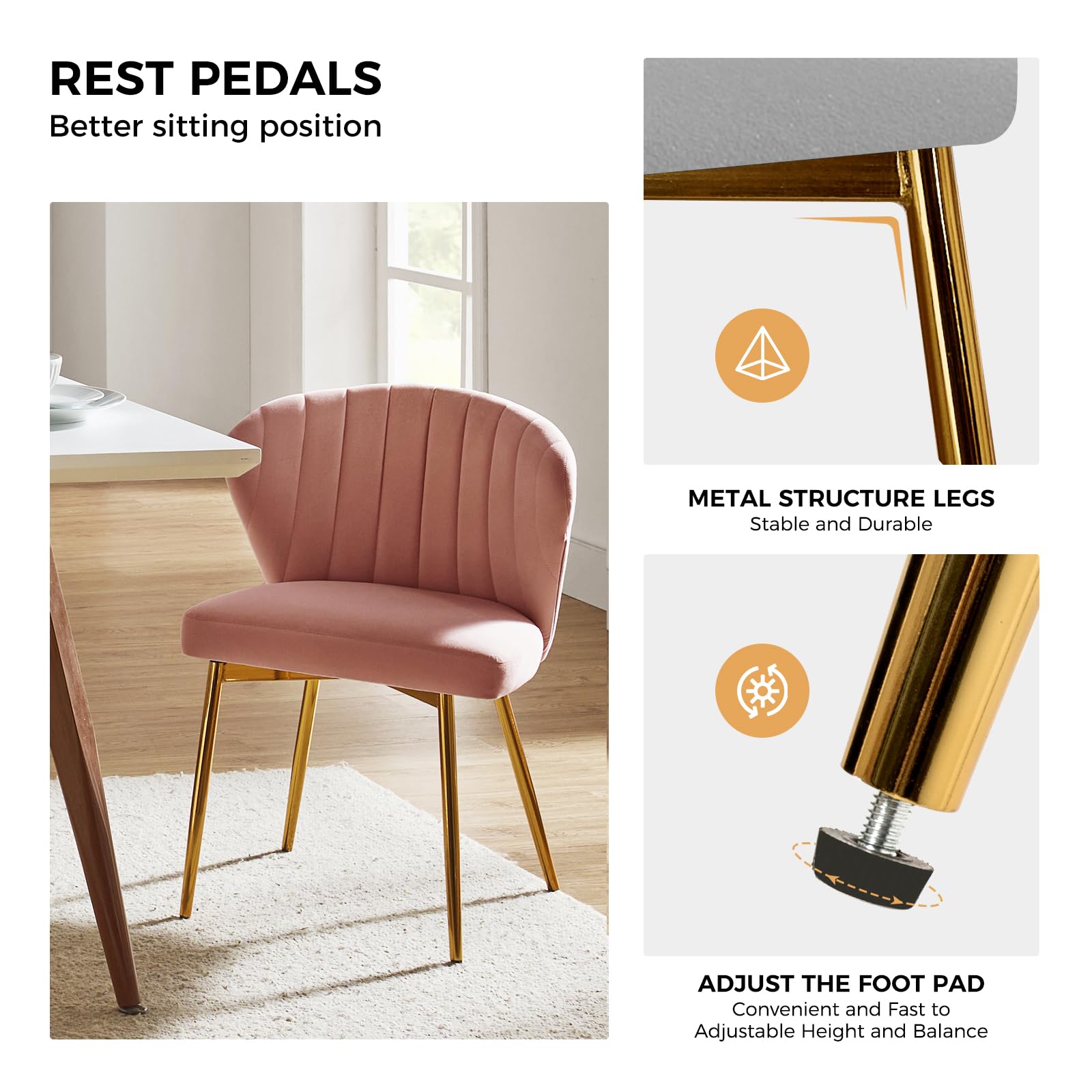HULALA HOME Velvet Dining Chairs, Modern Small Armless Accent Chair with Gold Metal Legs, Living Room Upholstered Cute Side Chair, Elegant Tufted Back Vanity Chair for Bedroom, Auburn