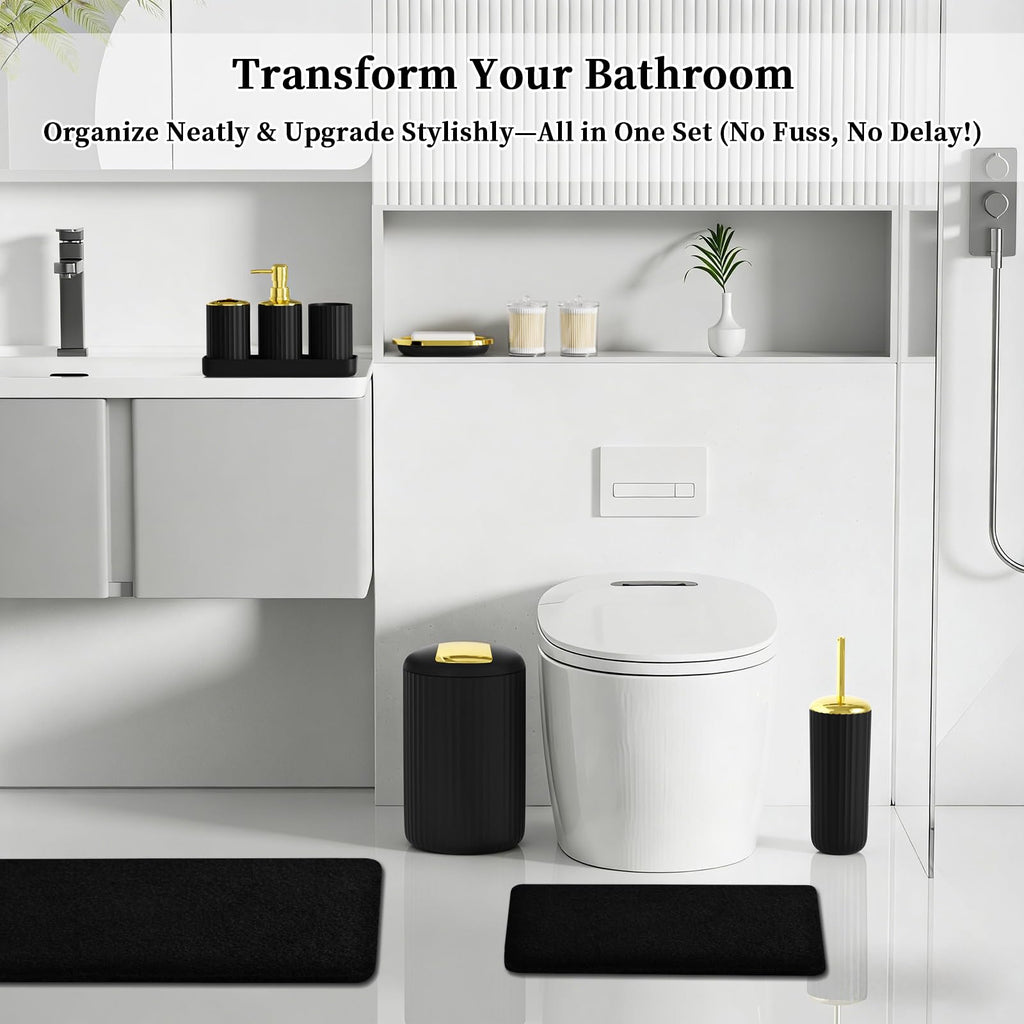XLHOMO 24 PCS Black Bathroom Accessories Set with Shower Curtain and Rugs, Bathroom Decor Set with Trash Can, Toilet Brush, Soap Dispenser, Toothbrush Holder, Tumbler, Soap Dish and Jars