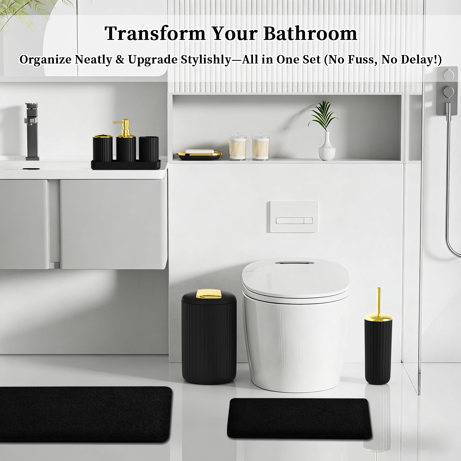 XLHOMO 24 PCS Black Bathroom Accessories Set with Shower Curtain and Rugs, Bathroom Decor Set with Trash Can, Toilet Brush, Soap Dispenser, Toothbrush Holder, Tumbler, Soap Dish and Jars