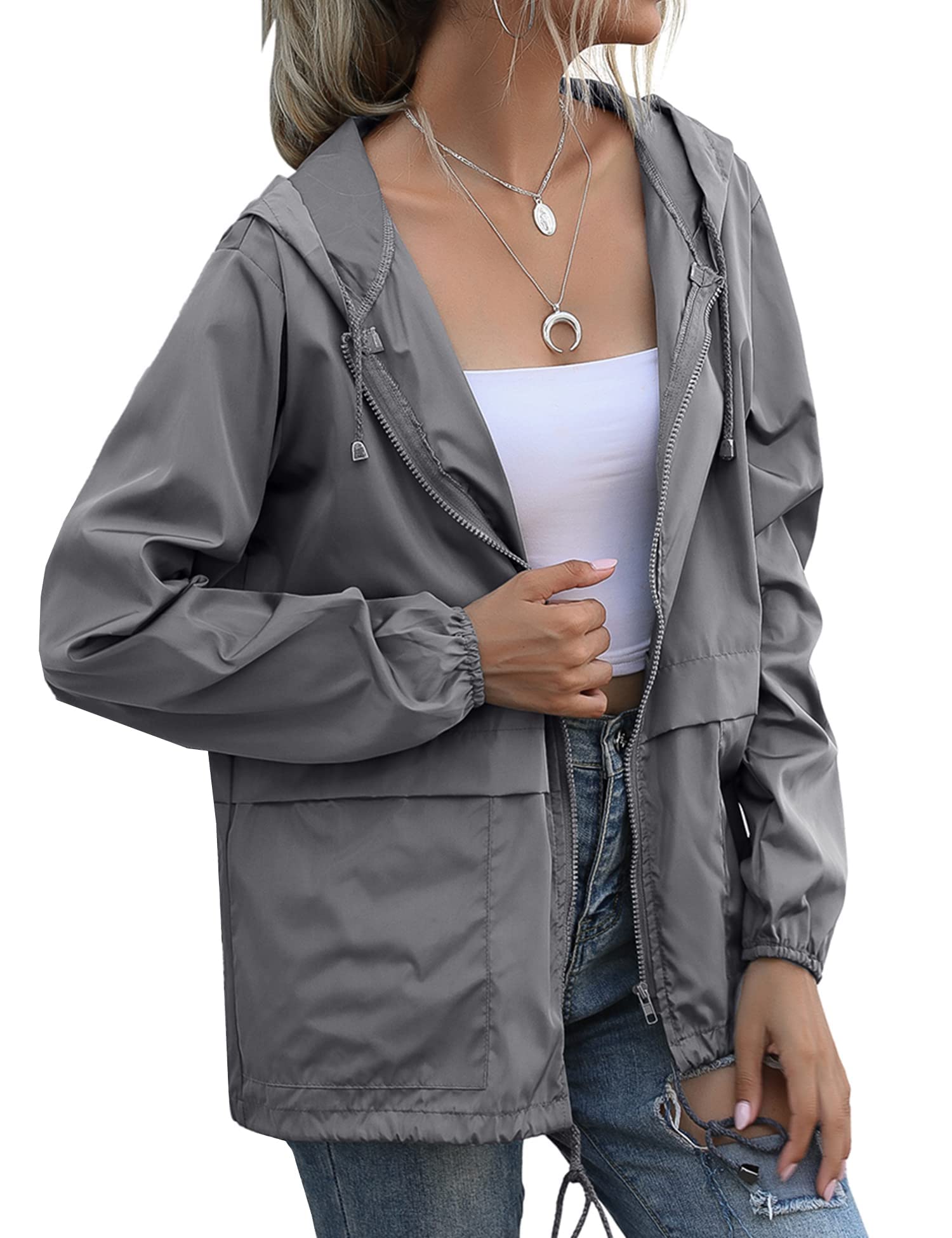 Women's Raincoats Lightweight Waterproof Windproof Adjustable Windbreaker Rain Jackets Hooded with Pockets S-XXL