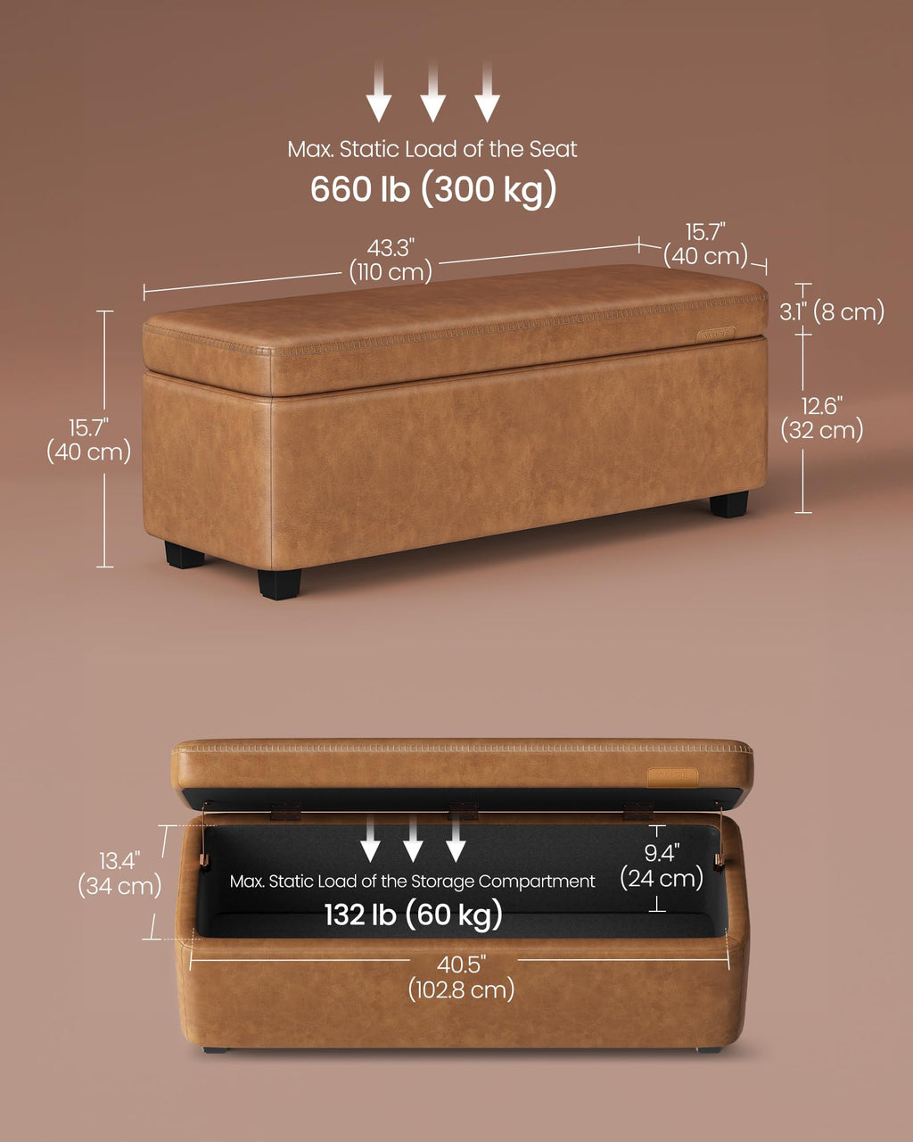 VASAGLE EKHO Collection - Storage Ottoman Bench, Entryway Bedroom Bench, 15 Gallons, Synthetic Leather with Stitching, Mid-Century Modern, Safety Hinges, Loads 660 lb, Caramel Brown ULOM074K01