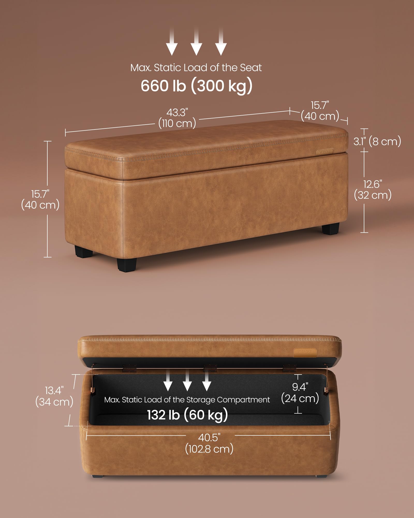 VASAGLE EKHO Collection - Storage Ottoman Bench, Entryway Bedroom Bench, 15 Gallons, Synthetic Leather with Stitching, Mid-Century Modern, Safety Hinges, Loads 660 lb, Caramel Brown ULOM074K01