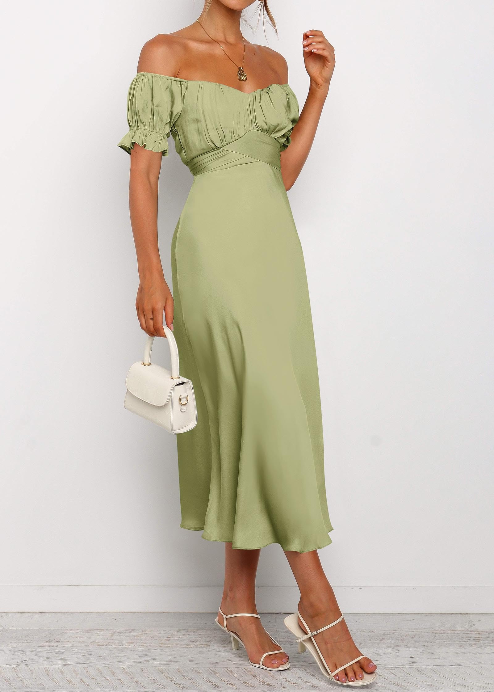 KIRUNDO Women's 2026 Spring Summer Satin Wedding Guest Midi Dress Off The Shoulder Wrap Party Cocktail Formal Prom Dresses