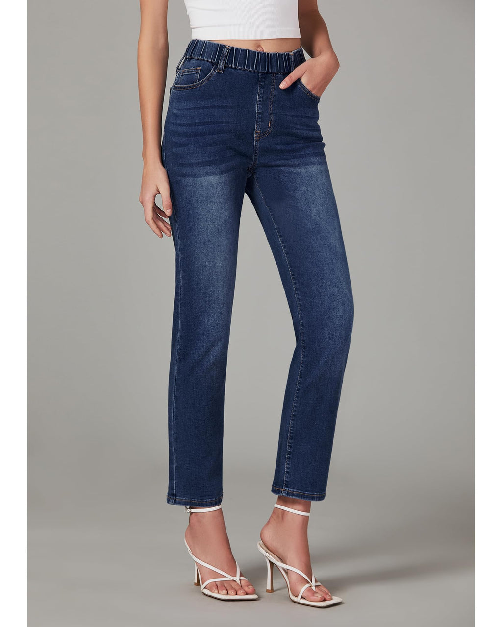 GRAPENT Straight Leg Jeans for Women Trendy Pull On High Waisted Cropped Elastic Waist Stretchy Denim Pants Ankle Jeans