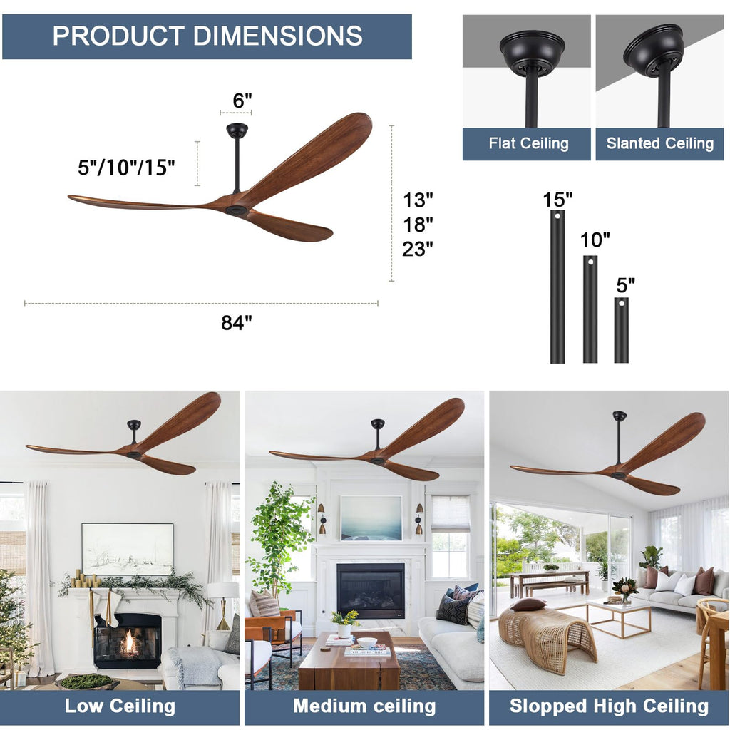 ABZ Ceiling Fans without Lights - 52 Inch Modern Ceiling Fans no Lights with Remote Control, Black 3 Blade Solid Wood Indoor Outdoor Ceiling Fans for Patios Living Room Bedroom